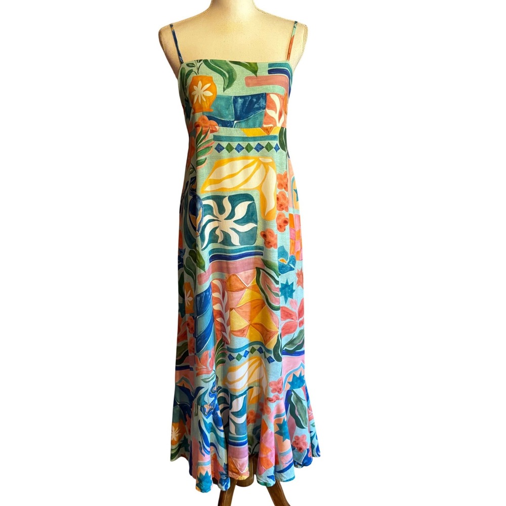 Paper Heart Abstract Tropical Floral Maxi Dress Open Back Tie Coastal Large
